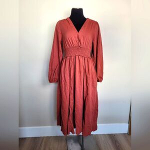 Old Navy Cottagecore Midi Dress Brick Red Long Sleeve Smocked Peasant Medium